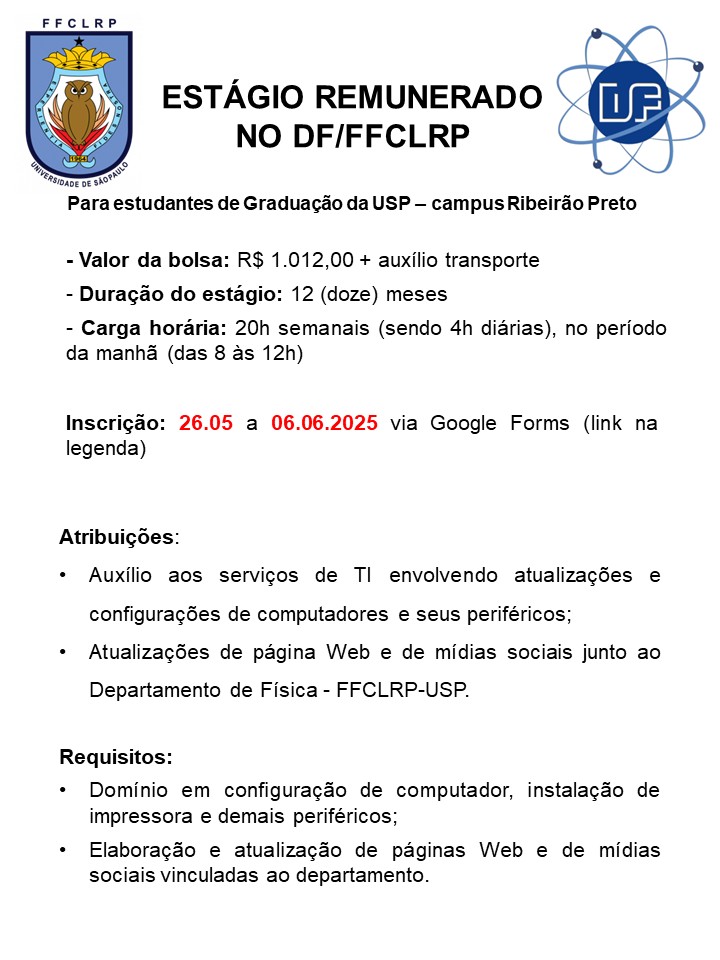 Leia mais sobre o artigo Vaga de estágio remunerado no DF/FFCLRP para Graduandos da USP Ribeirão