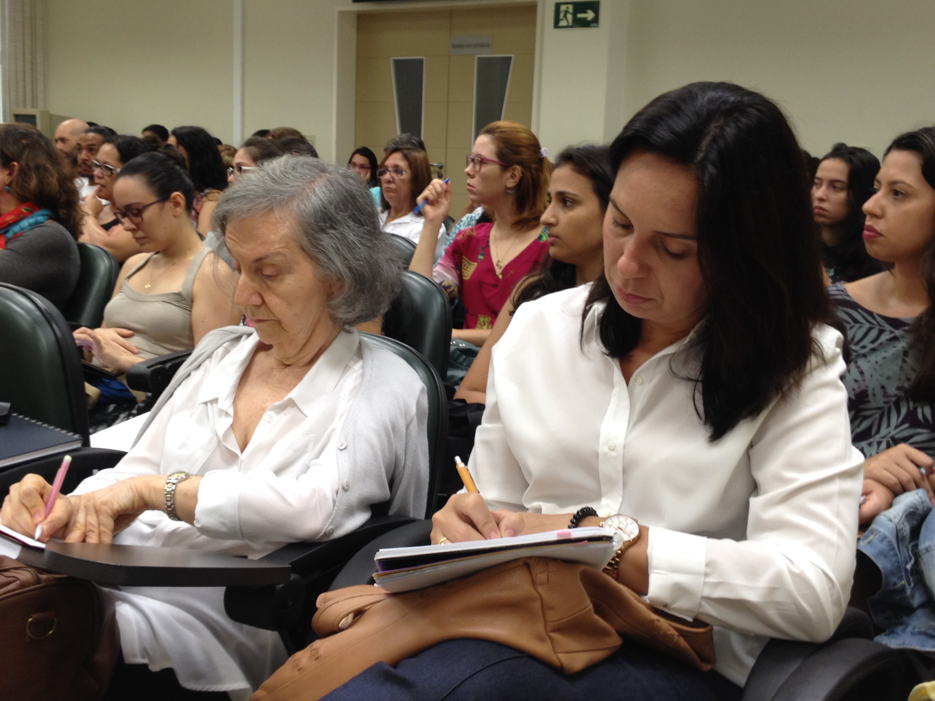 A Profa. Dra. Edna Marturano (FMRP-USP), uma das palestrantes, e a Profa. Dra. Luciana Carla dos Santos Elias, coordenadora do LAPEES (FFCLRP-USP), acompanham um dos momentos de apresentações no Seminário