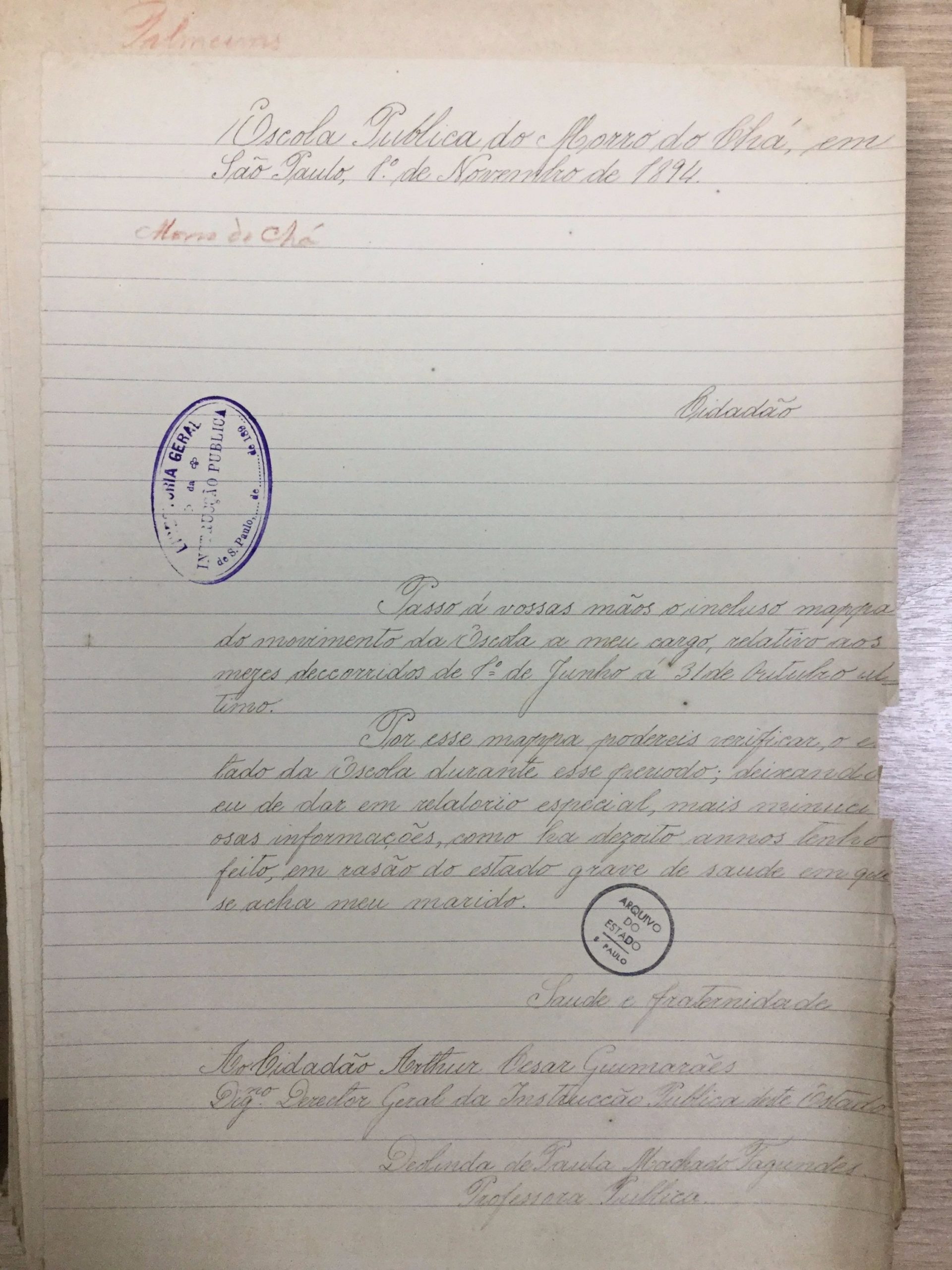 Relatório de Deolinda de Paula Machado Fagundes - Novembro/ 1894. APESP, Império, Série Instrução Pública, Ordem 5041.