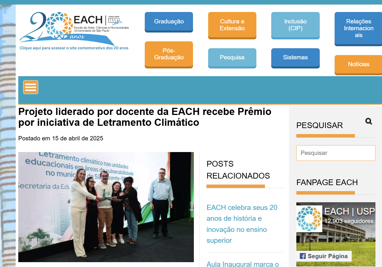 Prêmio ESG da TV Tribuna prêmia  o projeto "letramento climático" implementado em São Vicente
